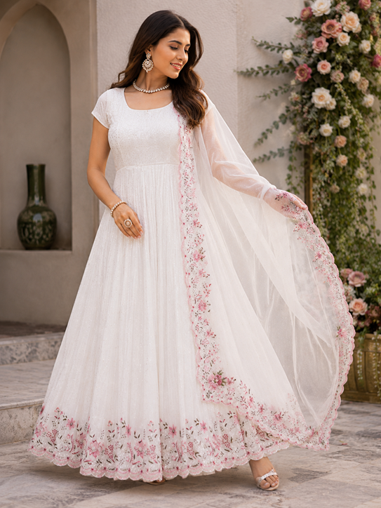 Chinon silk thread with Sequnce Off White Readymade Dress