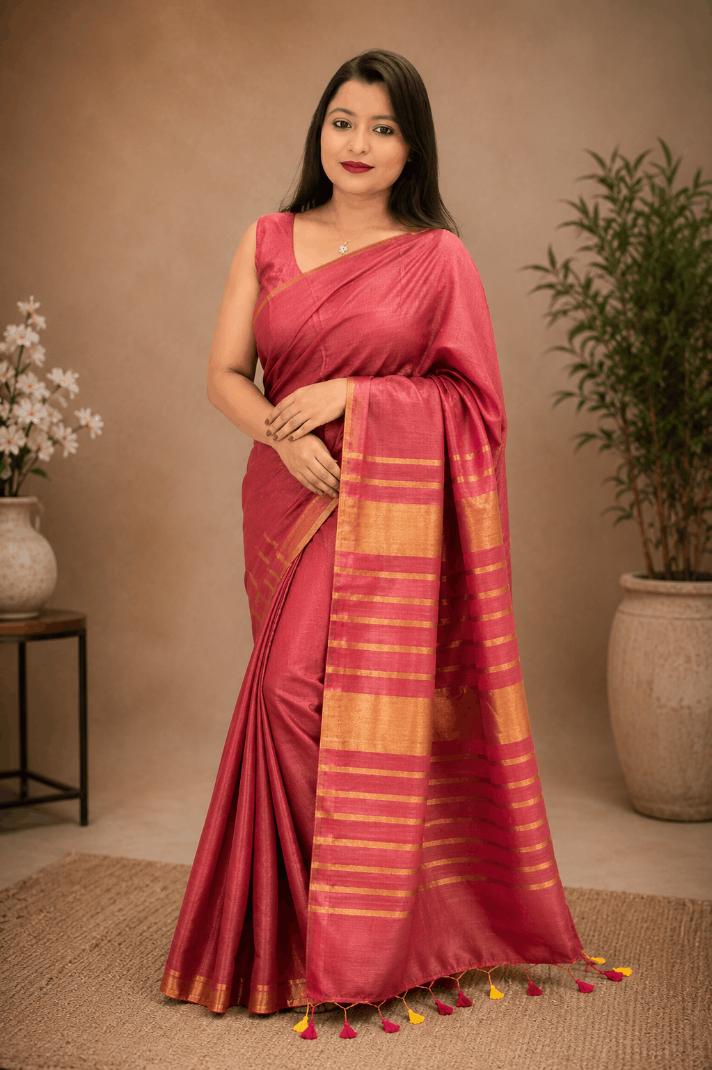 Premium Tissue Linen Saree – Rose Pink with Rich Golden Border