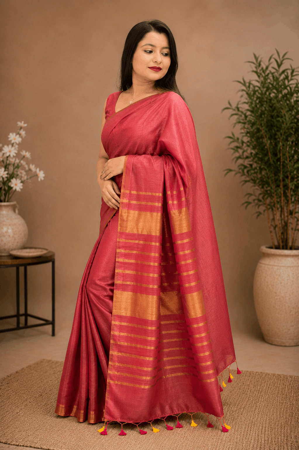 Premium Tissue Linen Saree – Rose Pink with Rich Golden Border