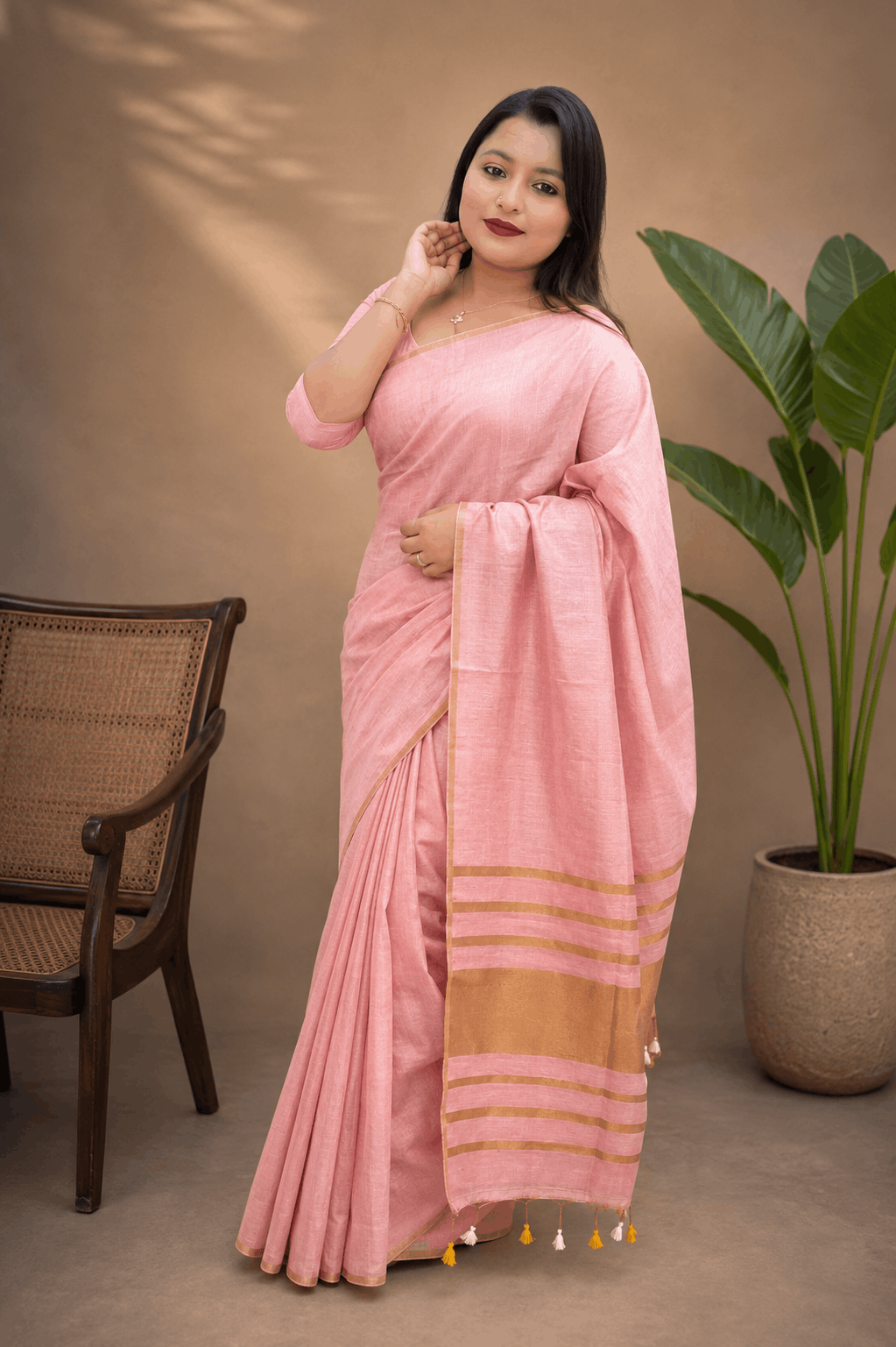 Premium Tissue Linen Saree – Baby Pink with Golden Border