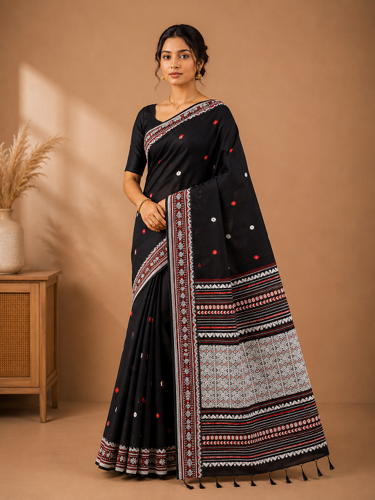Premium Black Assam Khadi Saree with Traditional Woven Border