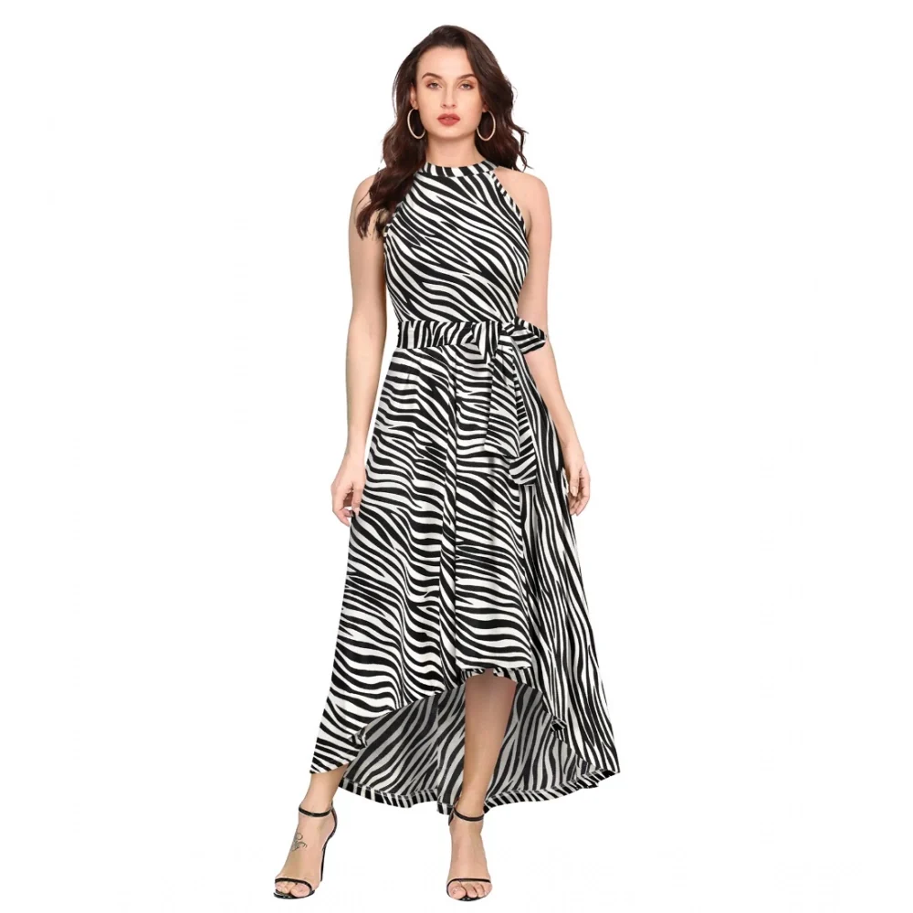 Women's Polyester Zebra Pattern Halter Neck Sleeveless Dress (White) BSB71DYYYlt_S47_Zibra_Wht_L