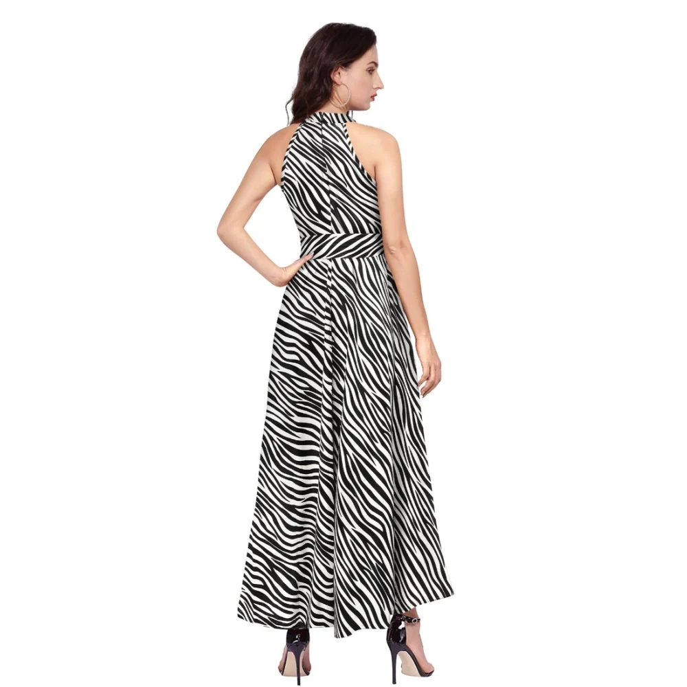 Women's Polyester Zebra Pattern Halter Neck Sleeveless Dress (White) BSB71DYYYlt_S47_Zibra_Wht_L