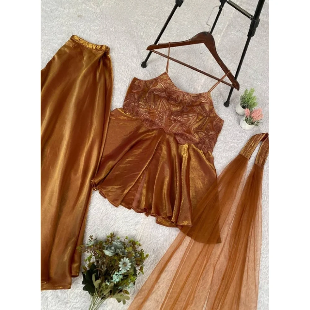 Women's Silk Embroidered Sleeveless Round Kurti With Palazzo Pant and Dupatta Set (Brown) A3512222210_L