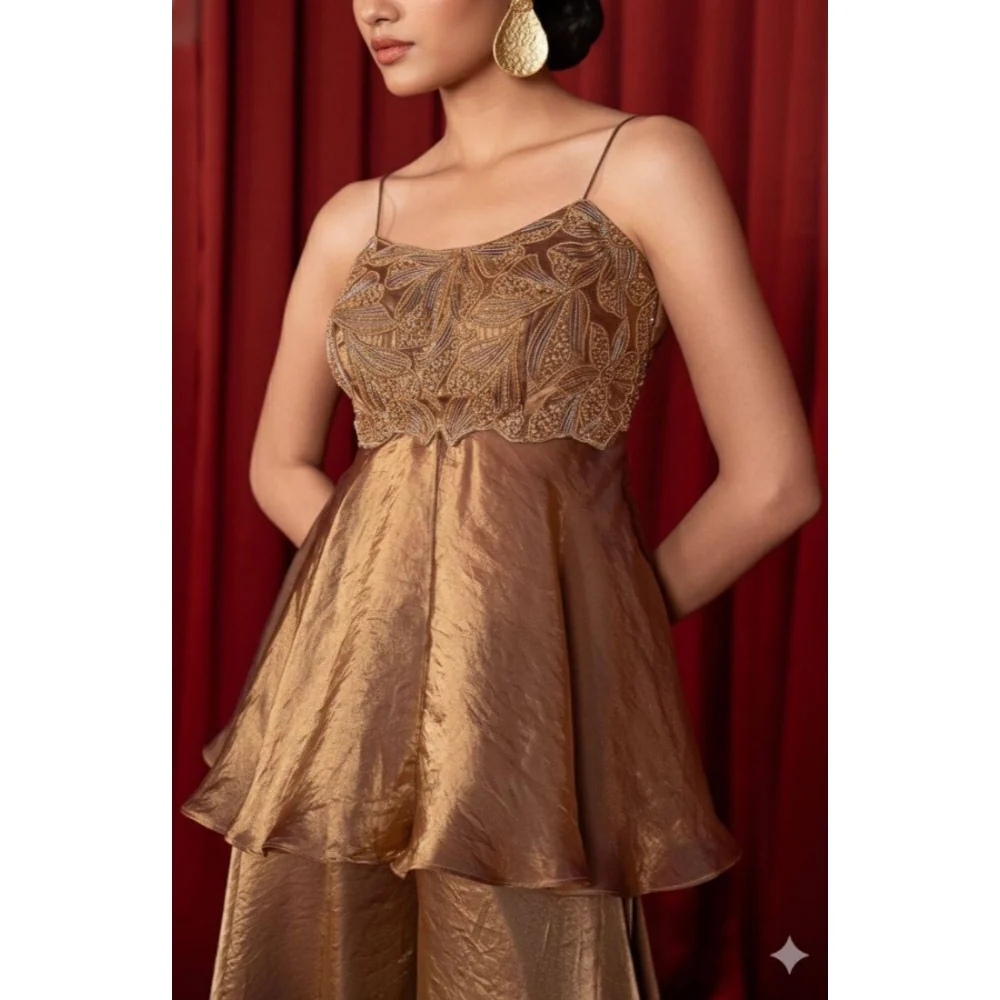 Women's Silk Embroidered Sleeveless Round Kurti With Palazzo Pant and Dupatta Set (Brown) A3512222210_L