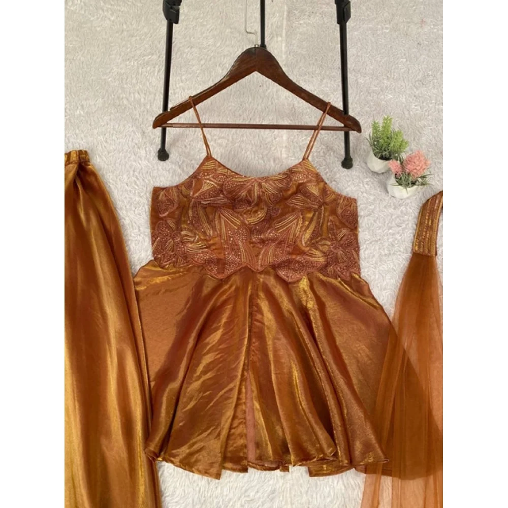 Women's Silk Embroidered Sleeveless Round Kurti With Palazzo Pant and Dupatta Set (Brown) A3512222210_L