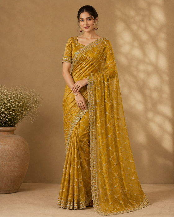Women's Silk Embellished Saree With Unstitched Blouse 5.5Mtr (Mustard-Yellow) A871692686