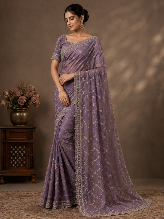 Women's Silk Embellished Saree With Unstitched Blouse 5.5Mtr (Lavender) A871692682
