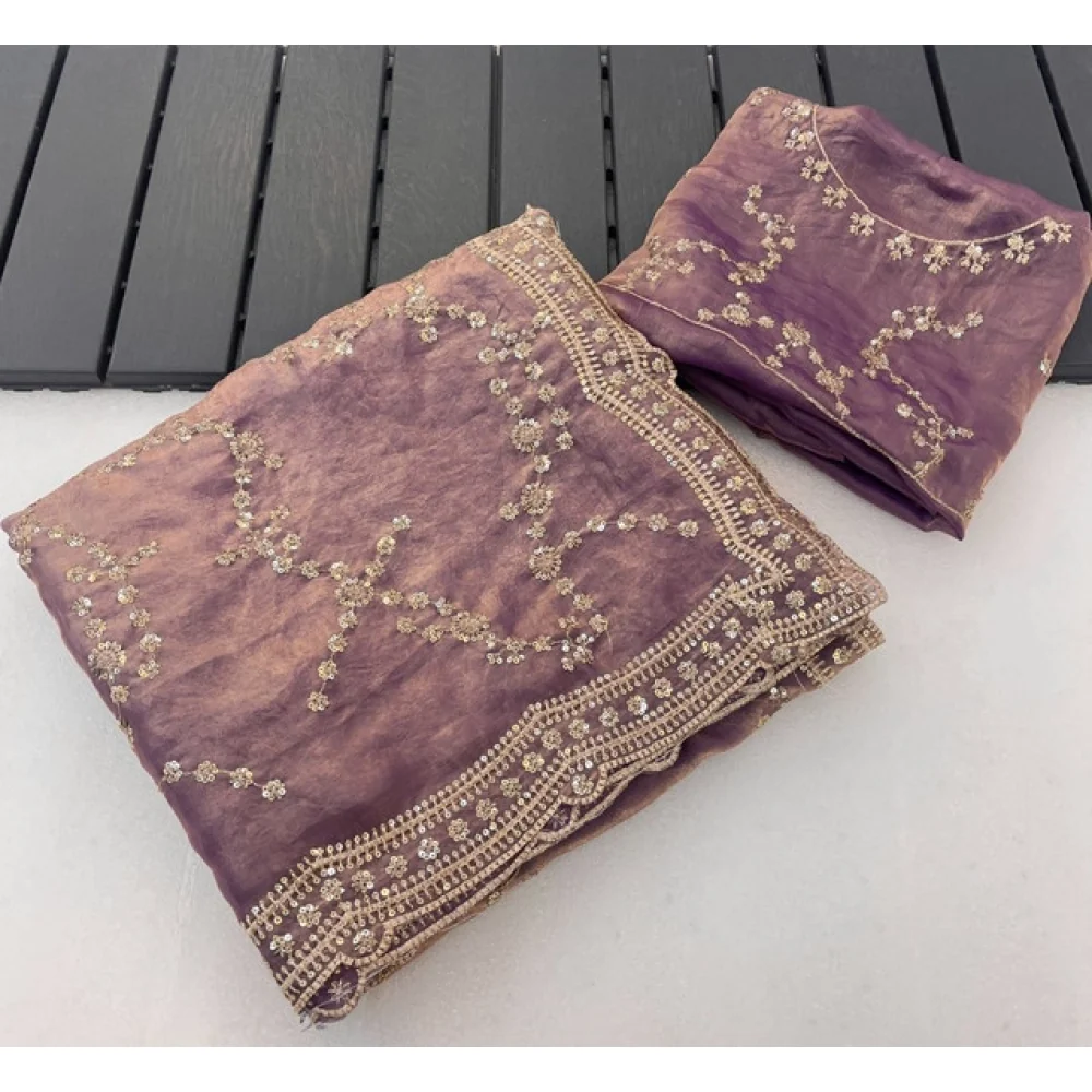 Women's Silk Embellished Saree With Unstitched Blouse 5.5Mtr (Lavender) A871692682