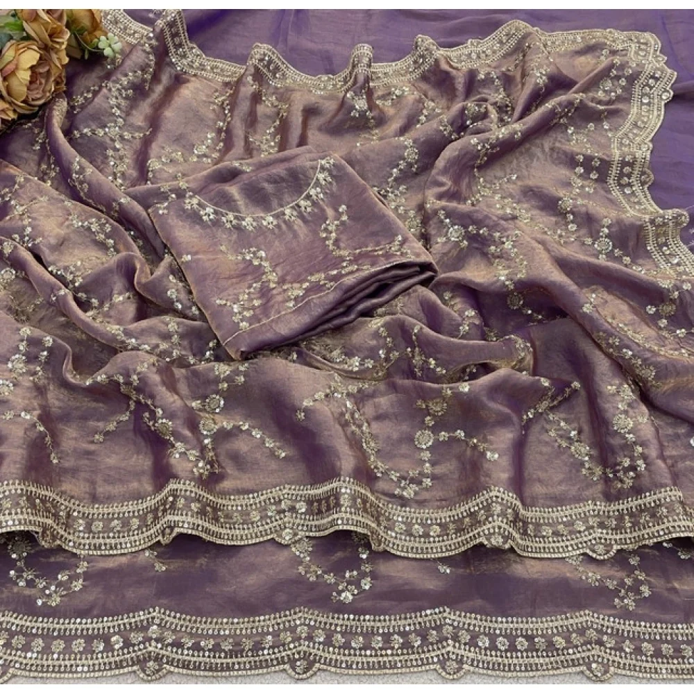 Women's Silk Embellished Saree With Unstitched Blouse 5.5Mtr (Lavender) A871692682