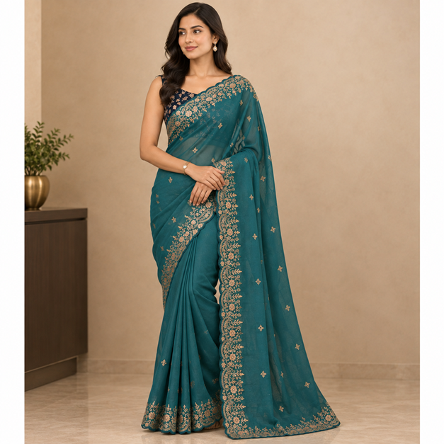 Women's Star Georgette Embroidered Saree With Unstitched Blouse 5.5Mtr (Sea Green) A871692646