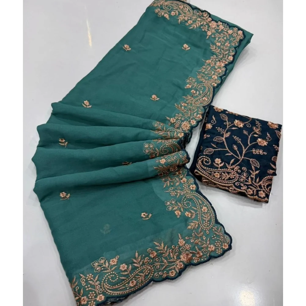 Women's Star Georgette Embroidered Saree With Unstitched Blouse 5.5Mtr (Sea Green) A871692646