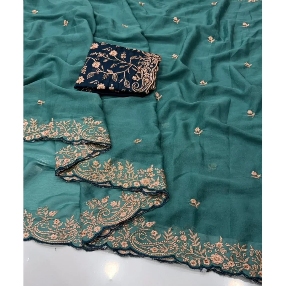 Women's Star Georgette Embroidered Saree With Unstitched Blouse 5.5Mtr (Sea Green) A871692646
