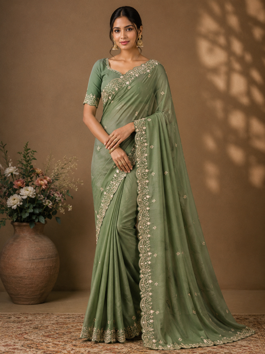 Women's Star Georgette Embroidered Saree With Unstitched Blouse 5.5Mtr (Green) A871692643