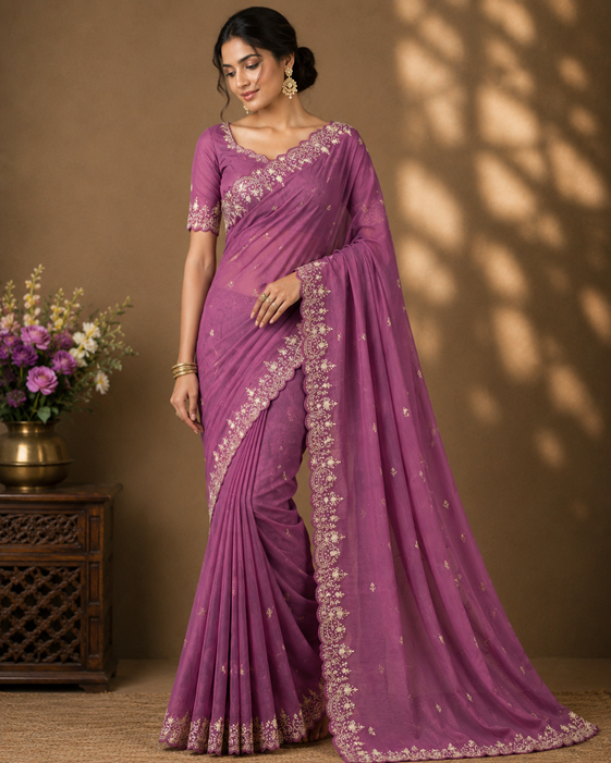 Women's Star Georgette Embroidered Saree With Unstitched Blouse 5.5Mtr (Pink) A871692644
