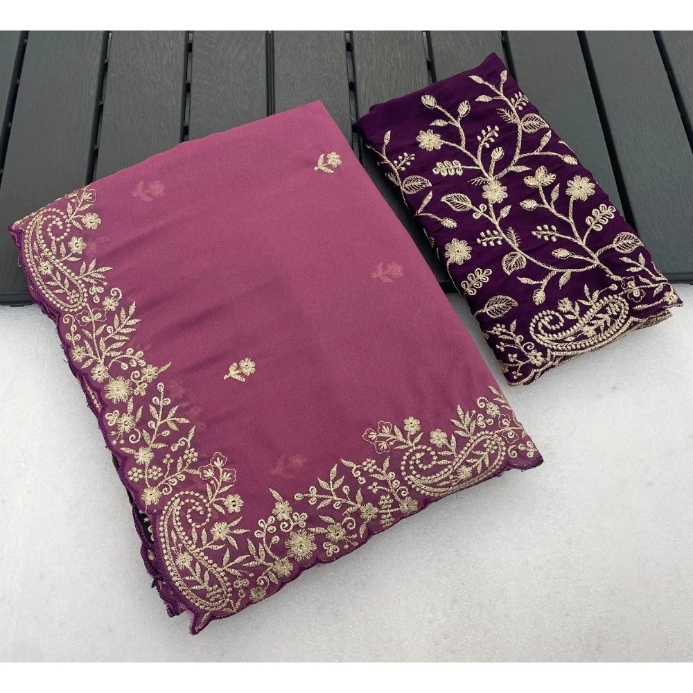 Women's Star Georgette Embroidered Saree With Unstitched Blouse 5.5Mtr (Pink) A871692644