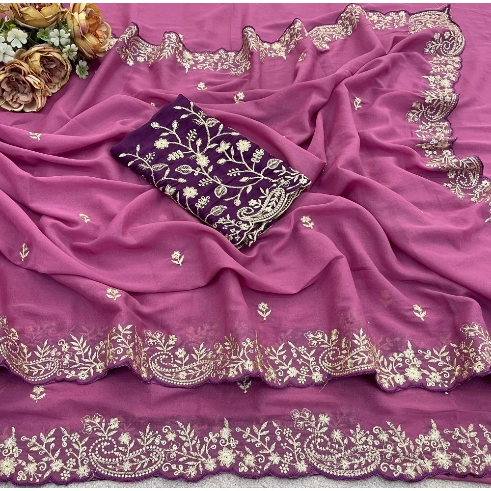 Women's Star Georgette Embroidered Saree With Unstitched Blouse 5.5Mtr (Pink) A871692644