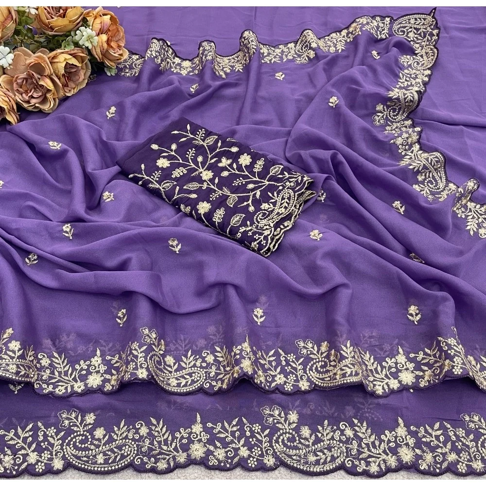 Women's Star Georgette Embroidered Saree With Unstitched Blouse 5.5Mtr (Purple) A871692645