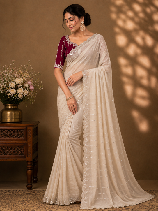 Women's Star Georgette Embroidered Saree With Unstitched Blouse 5.5Mtr (Beige) A871692615