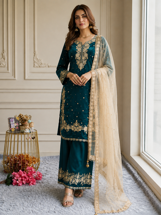 Women's Silk Embroidered 3/4th Sleeve Round Kurti With Palazzo Pant and Dupatta Set (Teal) A3512222217_XL