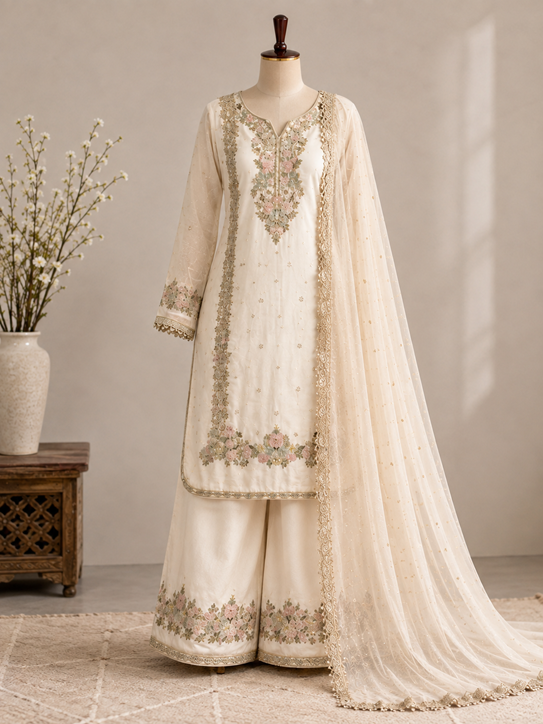 Women's Silk Embroidered 3/4th Sleeve Round Kurti With Palazzo Pant and Dupatta Set (White) A3512222219_L