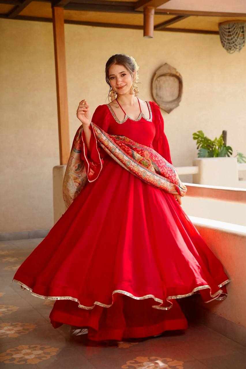 Premium Ruby Red Anarkali 3-Piece Set
