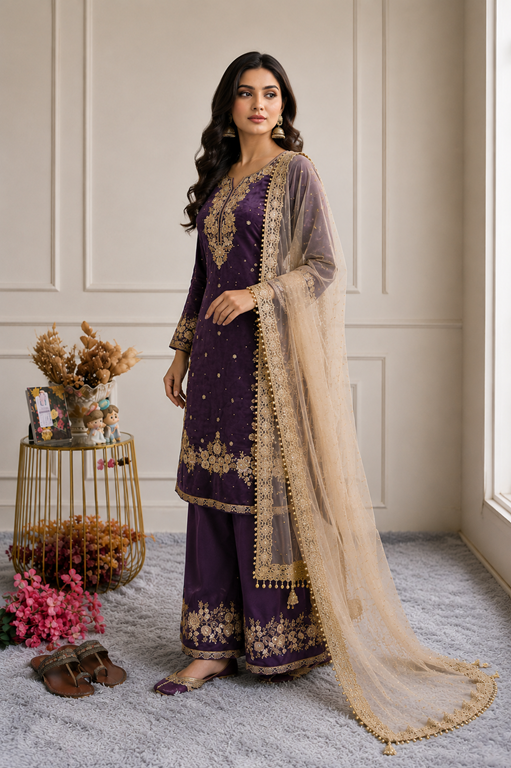 Women's Silk Embroidered 3/4th Sleeve Round Kurti With Palazzo Pant and Dupatta Set (Purple) A3512222218_L