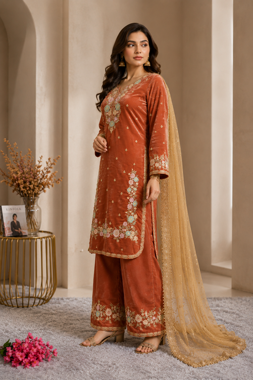Women's Silk Embroidered 3/4th Sleeve Round Kurti With Palazzo Pant and Dupatta Set (Orange) A3512222215_L