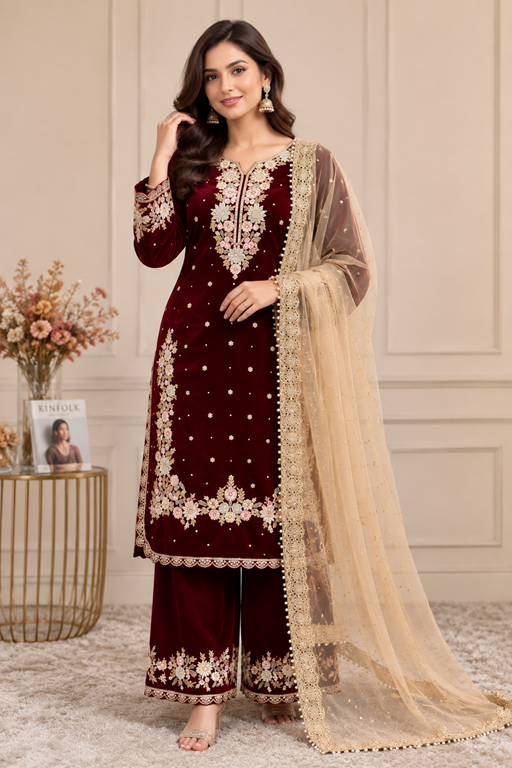 Women's Silk Embroidered 3/4th Sleeve Round Kurti With Palazzo Pant and Dupatta Set (Maroon) A3512222213_L