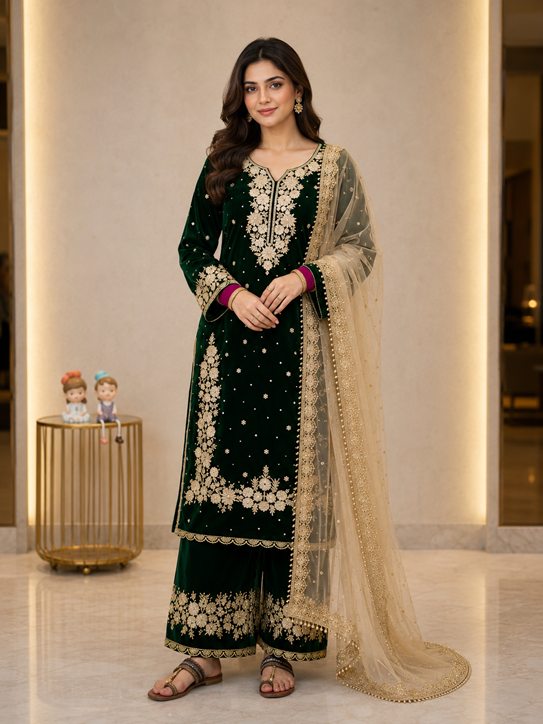 Women's Silk Embroidered 3/4th Sleeve Round Kurti With Palazzo Pant and Dupatta Set (Dark Green) A3512222214_L