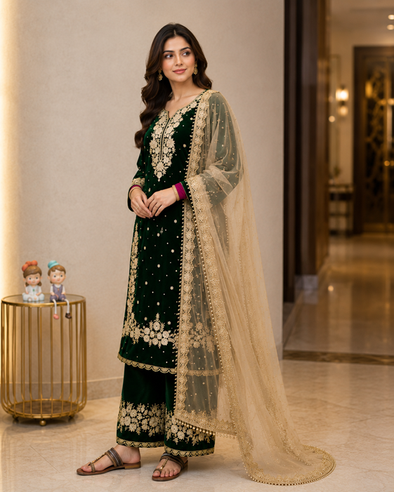 Women's Silk Embroidered 3/4th Sleeve Round Kurti With Palazzo Pant and Dupatta Set (Dark Green) A3512222214_L