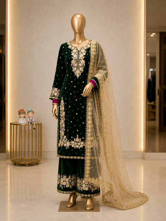 Women's Silk Embroidered 3/4th Sleeve Round Kurti With Palazzo Pant and Dupatta Set (Dark Green) A3512222214_L