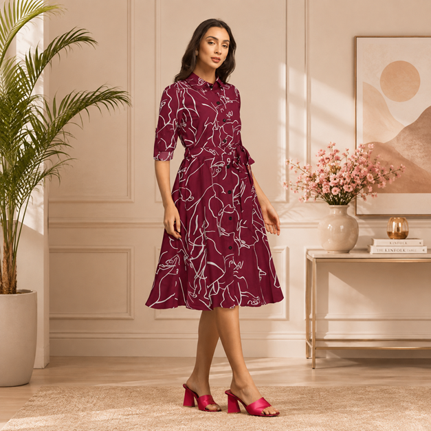 Women's Ruby Cotton Printed Shirt Collar 3-4th Sleeve Dress (Maroon) BSB71NYYYP_1552_Mron_L