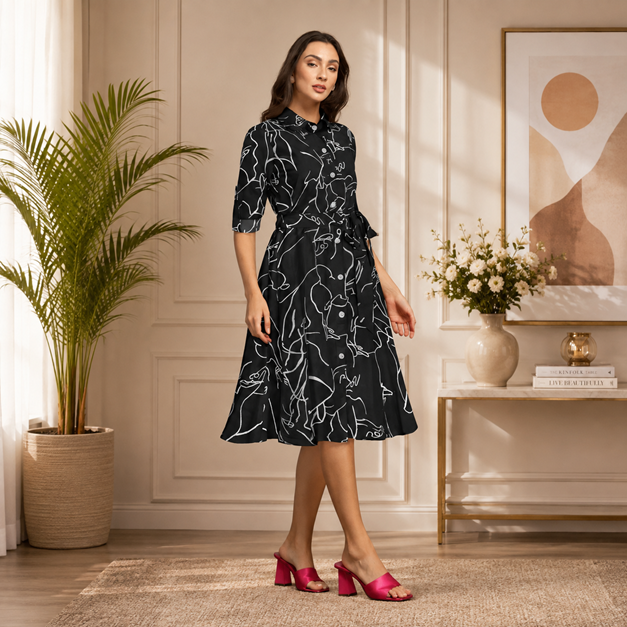 Women's Ruby Cotton Printed Shirt Collar 3-4th Sleeve Dress (Black)        BSB71NYYYP_1551_Blk_L