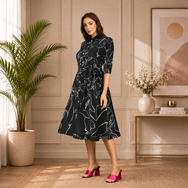 Women's Ruby Cotton Printed Shirt Collar 3-4th Sleeve Dress (Black)        BSB71NYYYP_1551_Blk_L