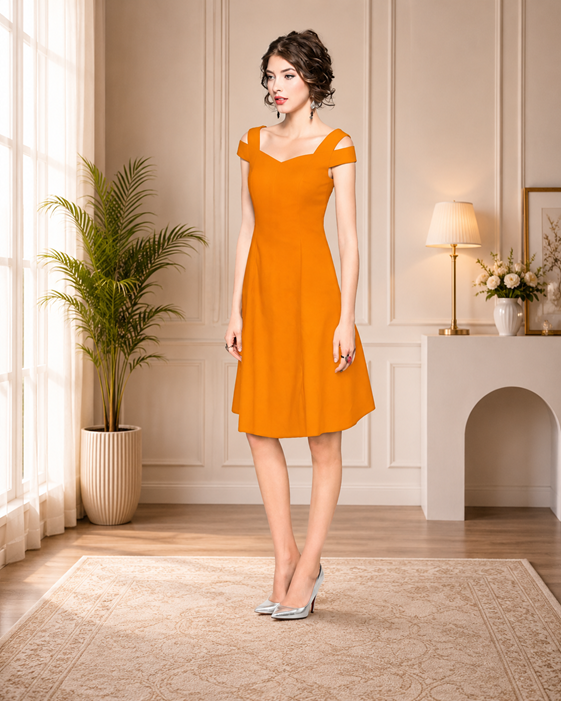 Women's Polyester Solid V Neck Cap Sleeve off Shoulder Dress (Yellow) BSB71NYYYP_D_205_Ylw_L