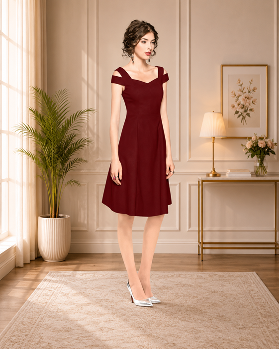 Women's Polyester Solid V Neck Cap Sleeve off Shoulder Dress (Maroon)        BSB71NYYYP_D_202_Mron_L