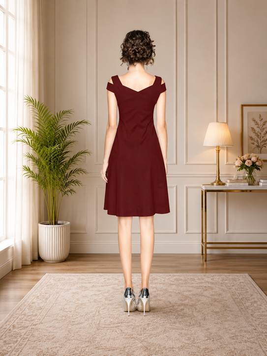 Women's Polyester Solid V Neck Cap Sleeve off Shoulder Dress (Maroon)        BSB71NYYYP_D_202_Mron_L