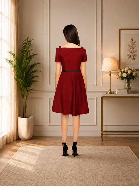 Women's Polyester Solid V Neck Cap Sleeve Dress (Maroon) BSB71NYYYP_D_62_Mron_L