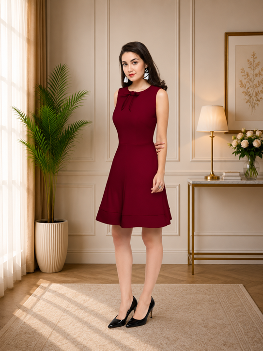 Women's Polyester Solid Round Neck Sleeveless Dress (Maroon)        BSB71NYYYP_D_262_Mron_L