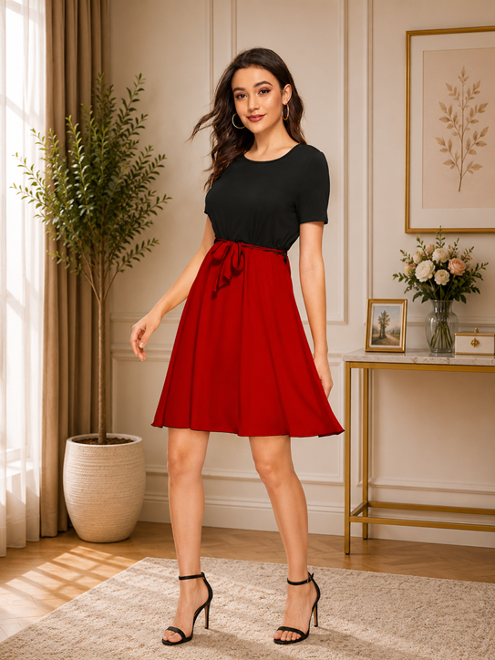 Women's Knitting stretchable Solid Round Neck Cap Sleeve Dress (Red) BSB71NYYYP_D_814_Red_L
