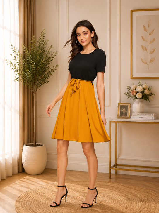 Women's Knitting stretchable Solid Round Neck Cap Sleeve Dress (Yellow) BSB71NYYYP_D_815_Ylw_L
