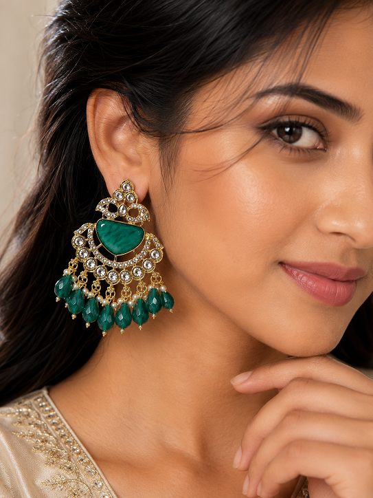 Royal Emerald Green Kundan Chandbali Earrings with Crystal & Beaded Drops