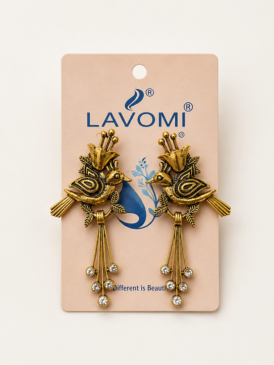 Royal Golden Peacock Earrings with Crystal Drop Detailing