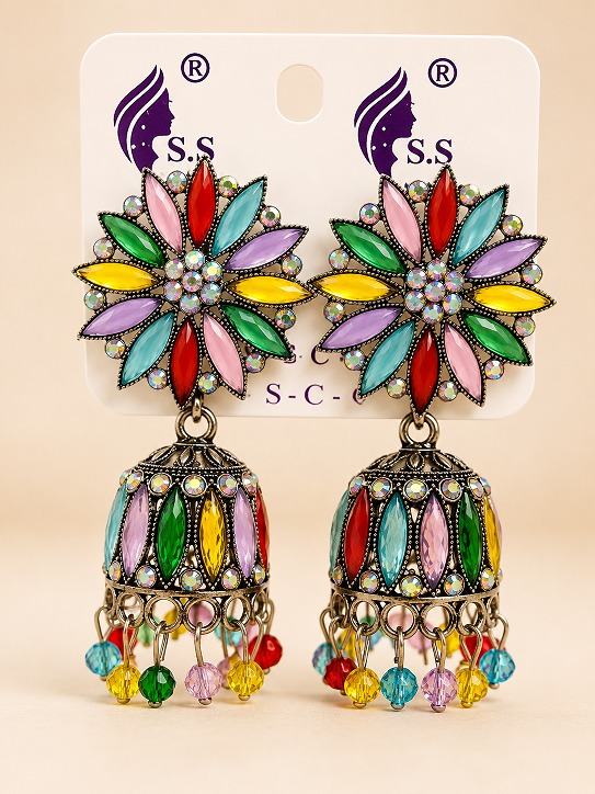 Multicolor Floral Meenakari Jhumka Earrings with Crystal Beads