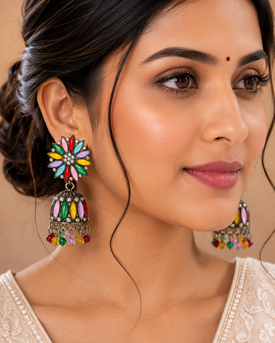 Multicolor Floral Meenakari Jhumka Earrings with Crystal Beads