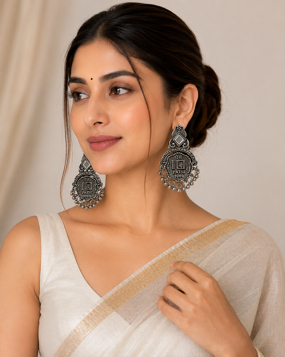 Antique Silver Coin Drop Earrings – Traditional Statement Design