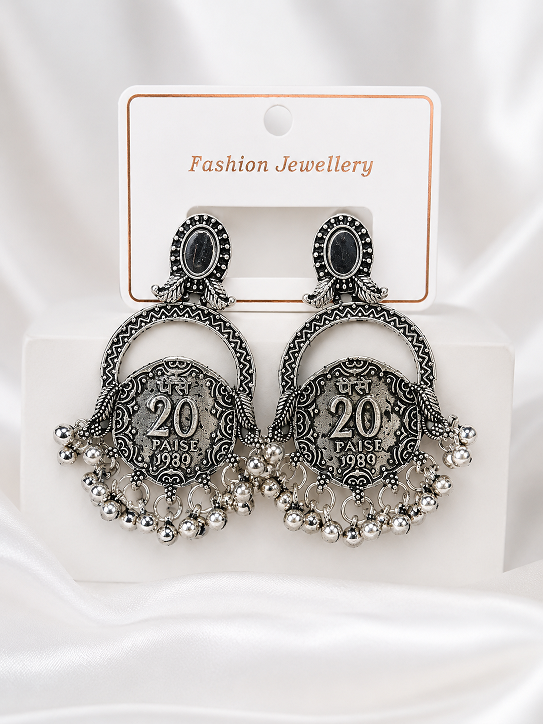 Antique Silver 20 Paise Coin Statement Earrings