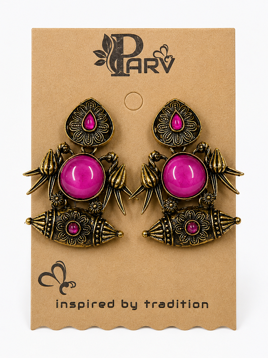 Antique Gold Magenta Stone Statement Earrings