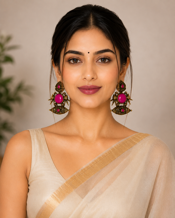 Antique Gold Magenta Stone Statement Earrings